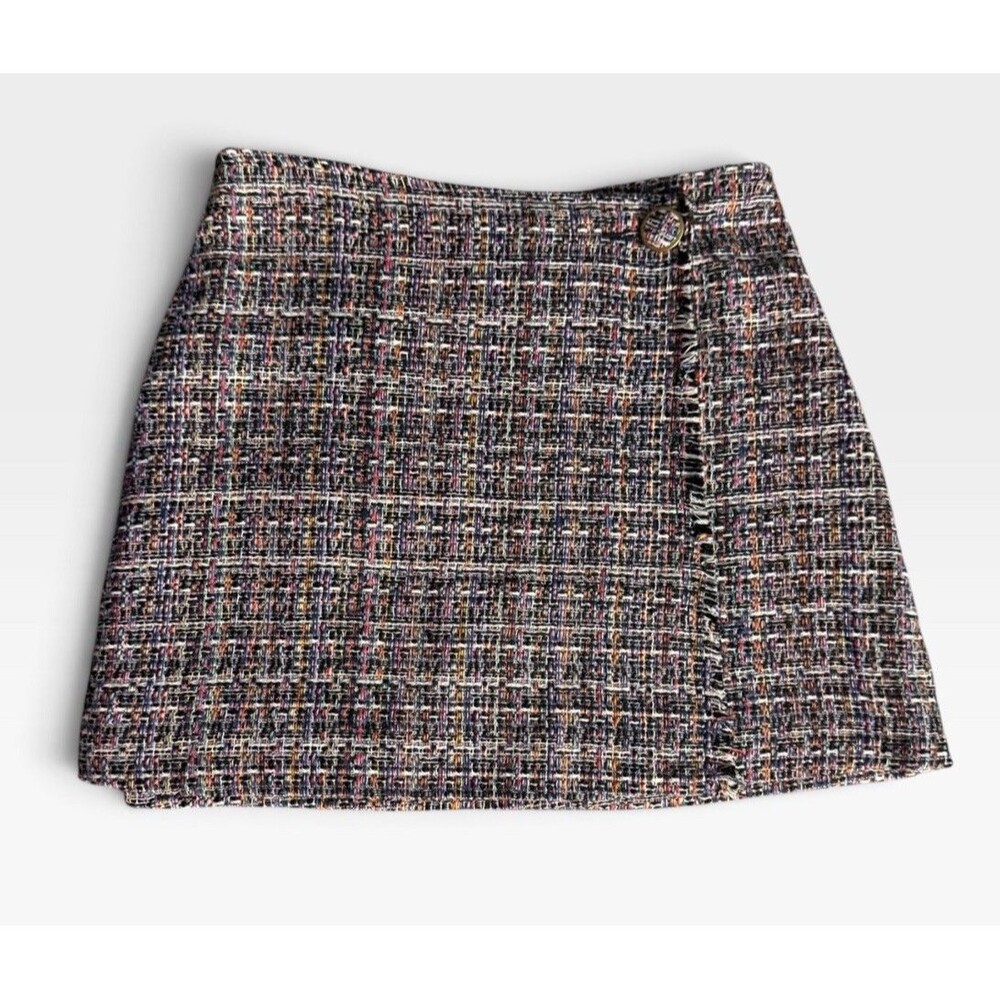 NWT Sugar Lips XS Multicolor Tweed Mini Skirt Frayed Hem Wrap Style Modern Prep